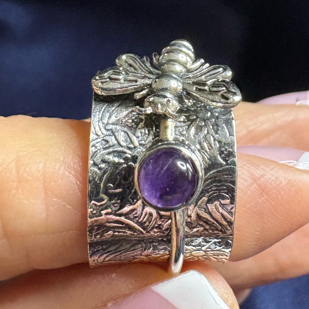 😎🌺Spinner Ring Honey Bee 925 Sterling Silver Amethyst Accent Gemstone